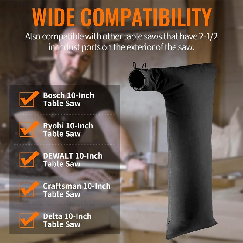 CCTIVED 2 Pack Extra Large Table Saw Dust Collector Bag Compatible for Dewalt/Ryobi/Bosch/Porter Cable/Craftsman/RIGID/Metabo/Kobalt/Skilsaw/Delta (10" Tablesaws with 2.5" Dust Port) - Image 2